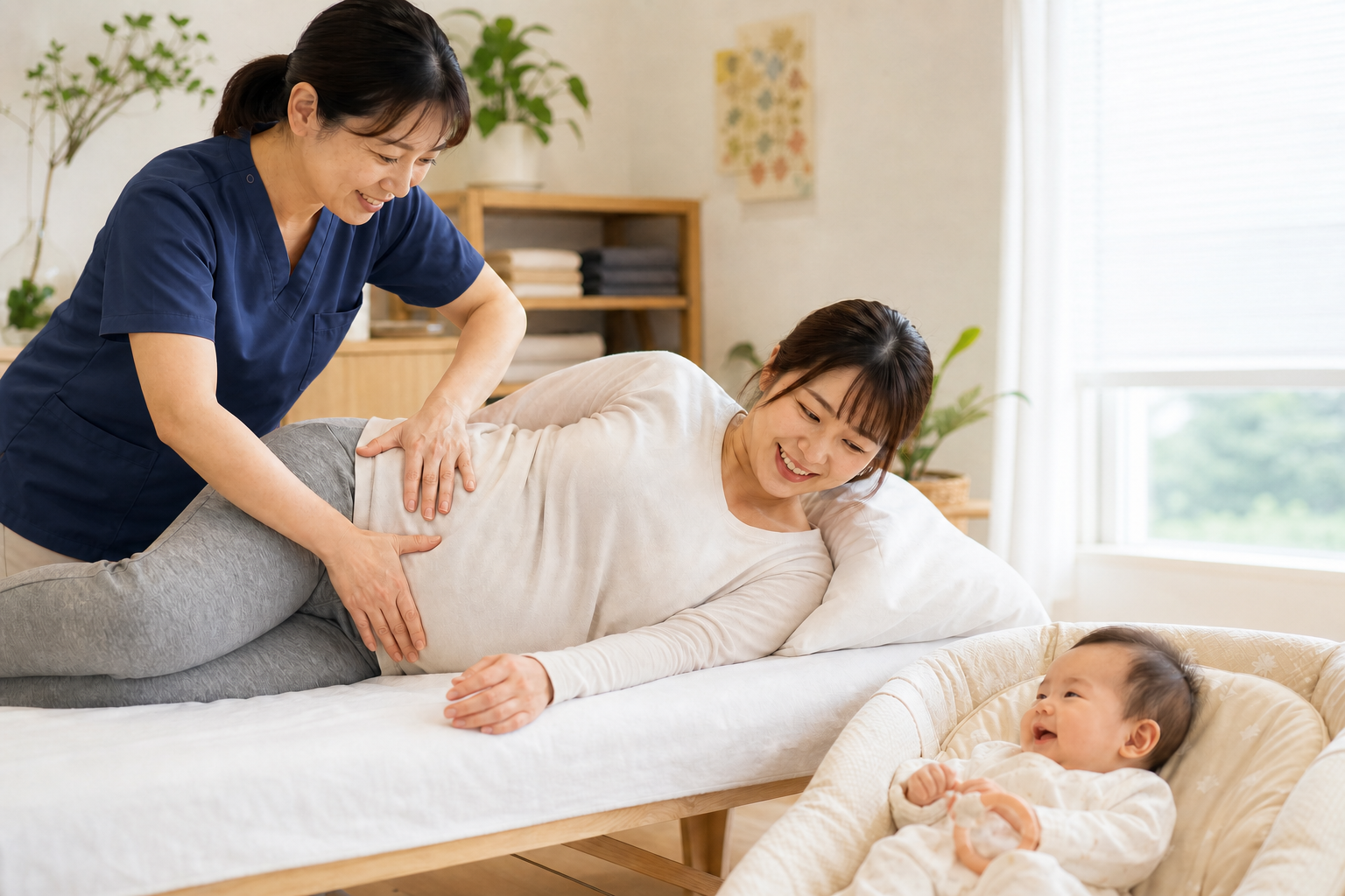 紺色のスクラブを着た助産師が、お母さまへ骨盤ケアを行い、そばで赤ちゃんが笑っている様子