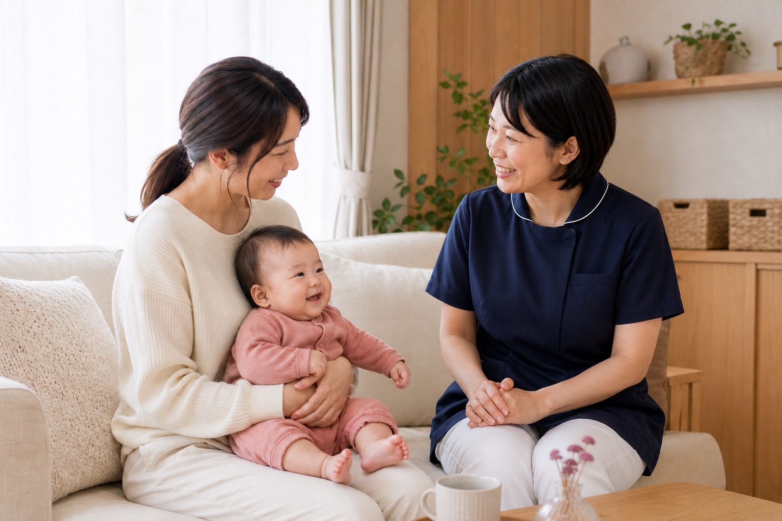笑顔のお母さんと赤ちゃんに寄り添う助産師