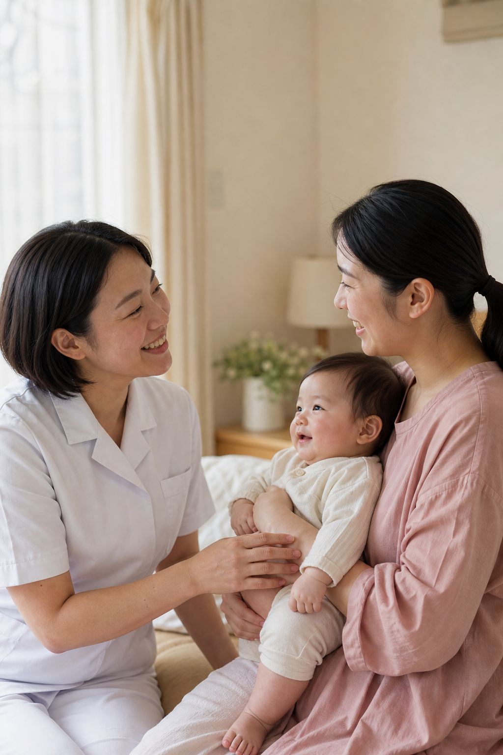 笑顔で向き合う助産師とお母さま、赤ちゃん